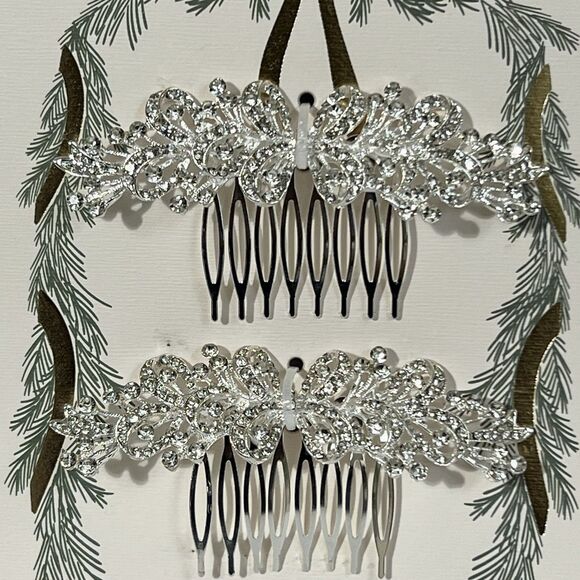 Bridal Wedding Hair Comb Set of 2 Silver Tone Rhinestone Embellished Floral - Picture 4 of 9